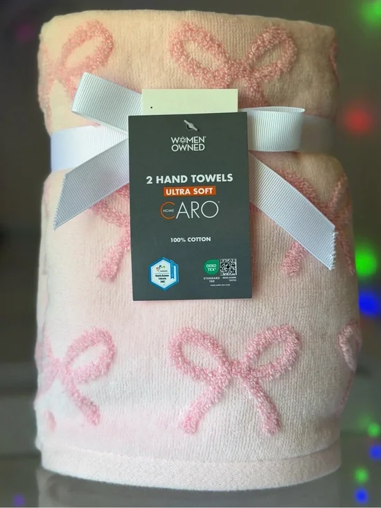 Caro Home Pink Bow Cotton Hand Towels 18x28 Set of 2
