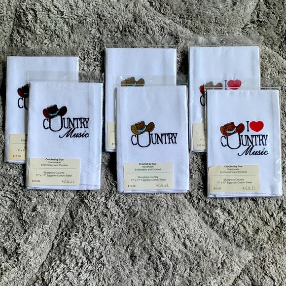 Set of (6) Country Music Handmade Embroidery Egyptian Cotton Towels