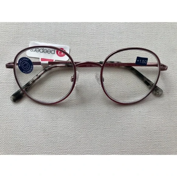New Peepers Round Rose Gold Wire Blue Light Filtering Reading Glasses +1.50