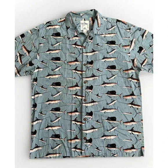 AFTCO‎ Guy Harvey Tropical Fish Print Button Up Short Sleeve Shirt Men's LG Blue