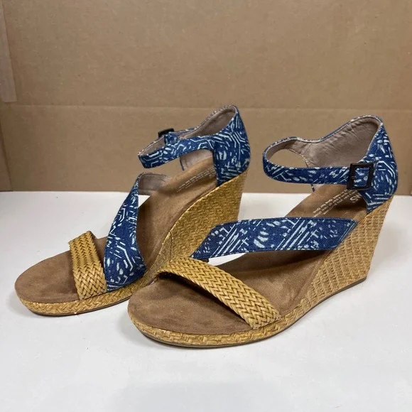 TOMS Blue Geometric Print Woven Straw Wedge Sandals Womens 9.5
