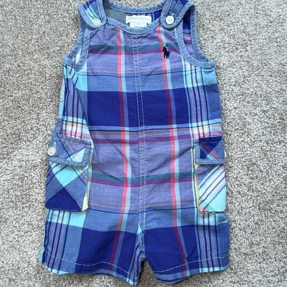 Ralph Lauren Baby Boys Blue Plaid Madras Cargo Romper One Piece 3M Sleeveless