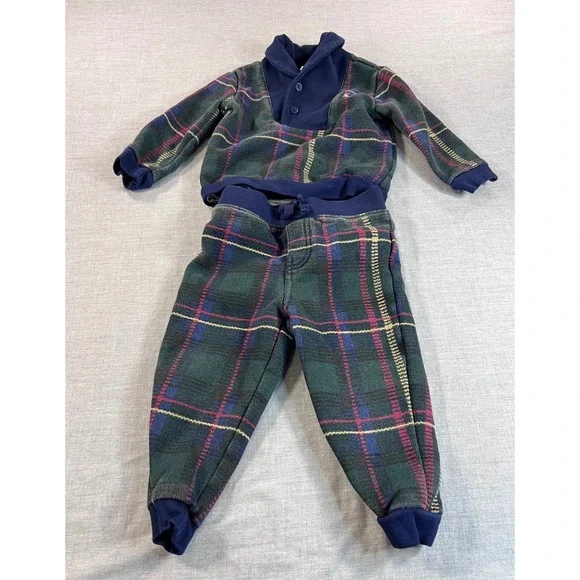 Ralph Lauren Kids 18M Green Plaid Shawl Collar Fleece Sweatshirt & Pants Set