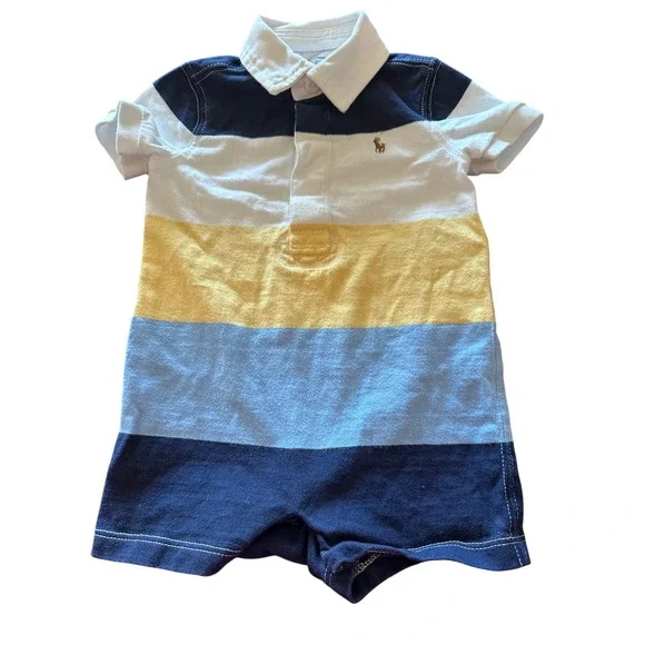 Ralph Lauren Baby Romper Rugby Stripe Polo Bear‎ Logo Shortall Size 6M 70