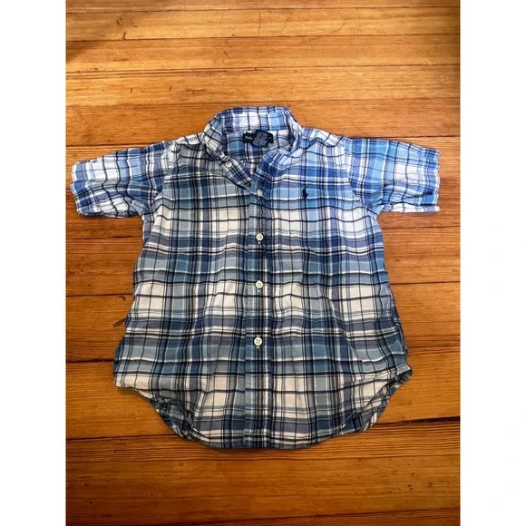 Ralph Lauren Boys Blue White Plaid Short Sleeve Button Down Shirt Size 4T Cotton