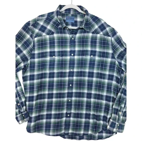 Lucky Brand Shirt Mens 2XL Blue Plaid Long Sleeve Snap Western Flannel Stretch