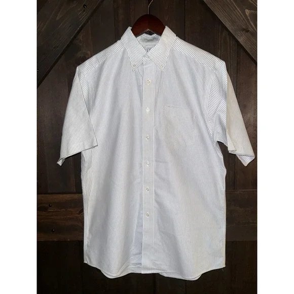 LL Bean 15.5‎ Reg Wrinkle Resistant Blue White Striped Button Down S/S Shirt