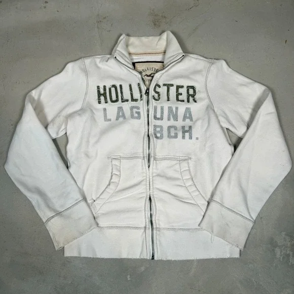 Hollister Laguna Beach Mens Full Zip Mock Neck Sweatshirt White Large surfwear