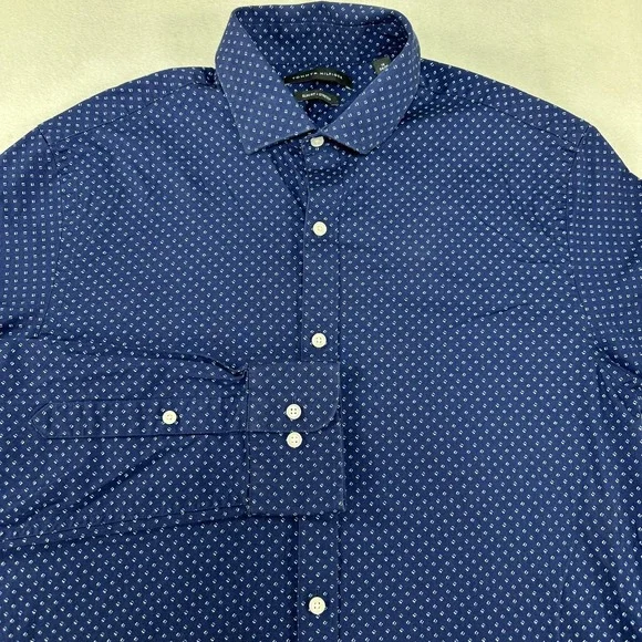 Tommy‎ Hilfiger Shirt Mens Large Blue Slim Fit Stretch Geometric Button Down