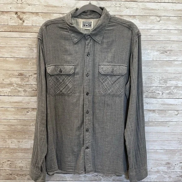 Converse Mens L Shirt‎ One Star Gray Button Up Pockets Long Sleeve 100% Cotton