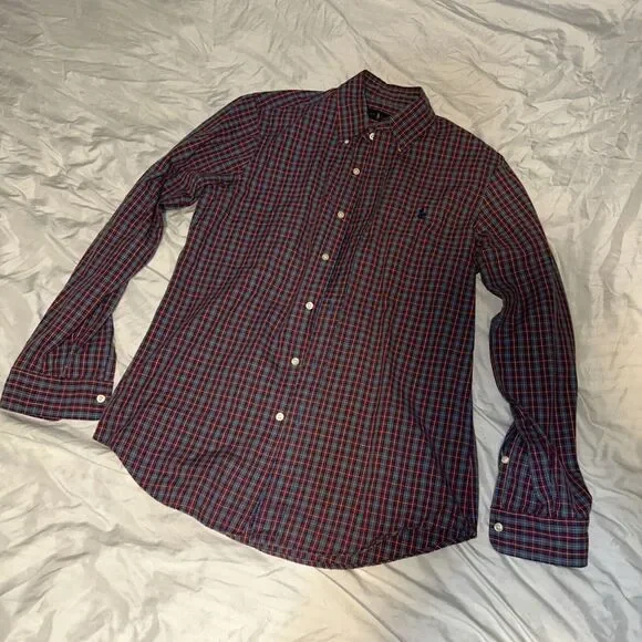 Ralph Lauren Button Down Shirt Adult Small Navy Red Plaid Long Sleeve Men‎