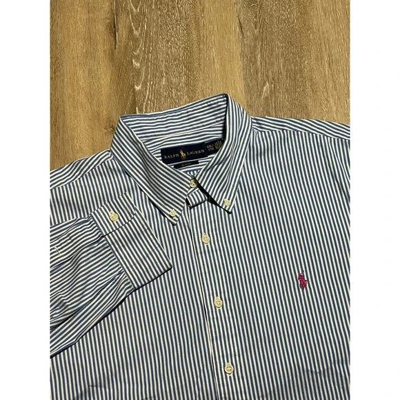 Ralph Lauren Mens XXL Slim Fit Blue White Striped Button Down‎ Shirt EUC