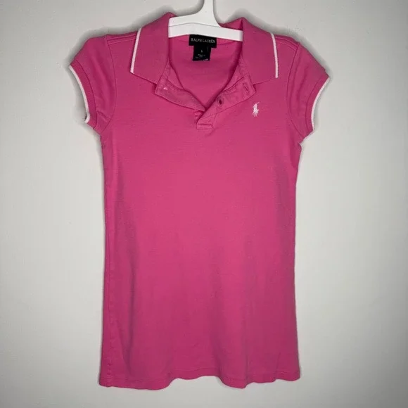 A19 Ralph Lauren Girls Pink Cotton Pique Polo Shirt White Tipped Dress Size 5