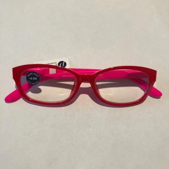 New Good Morning Charlie Red Pink Peepers Blue Light Block Reading Glasses +2.00