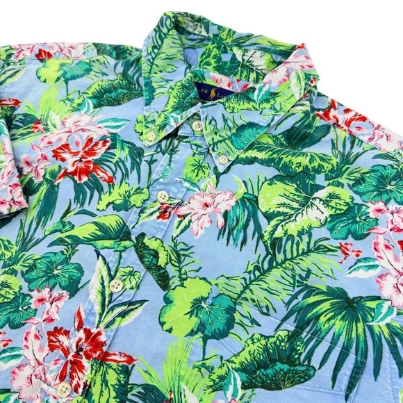 Ralph Lauren Button Down Shirt Mens XL Blue Tropical Hibiscus Slim Fit Cotton