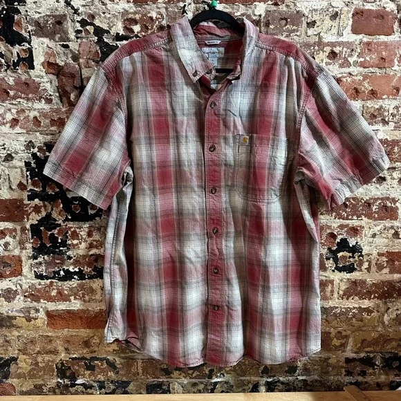 Carhartt shirt mens XL button up Short Sleeve Work Shirt Red Plaid Casual