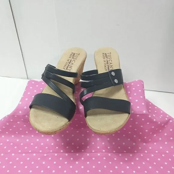 Tuscany By Easy Street Womens Allegro Black Wedge Sandals Size 7.5M