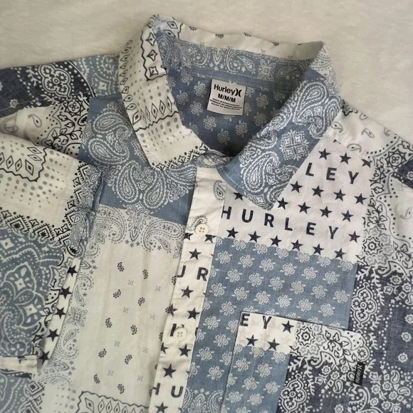 Hurley Shirt Mens M Blue Bandana Paisley Patchwork Short Sleeve Button Up Casual