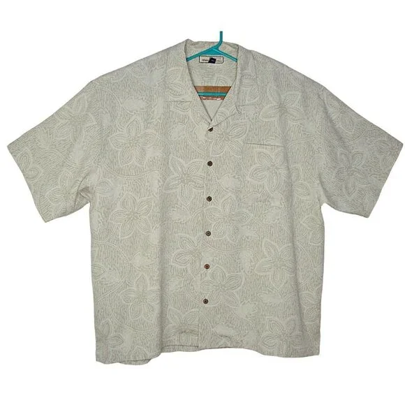 Mens Tommy Bahama Silk S/S Button Up Dress Shirt Khaki Tones Hibiscus Print XXL