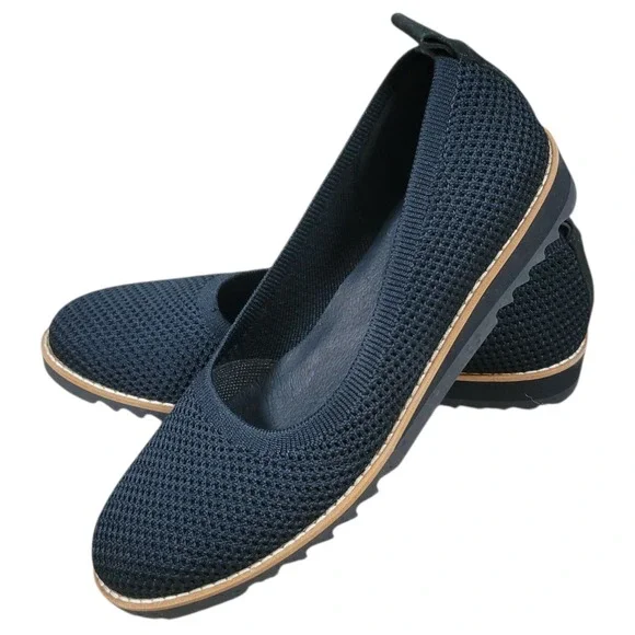 Eileen Fisher Etta Shoes Womens 7 Black Knit‎ Slip On Wedge Flats Comfy Casual