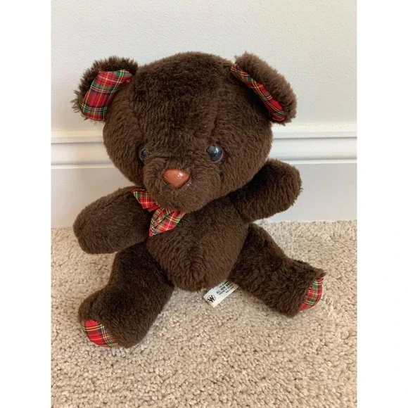 Vintage Williamsburg Pottery Inc. Brown Teddy Bear With‎ Plaid Accents