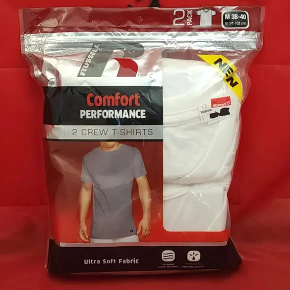Russell Men's Comfort Performance 2-Pack White Crew T-Shirts Size M Moisture Wic
