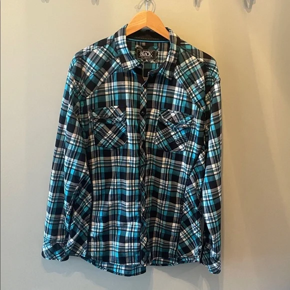 Buckle Black Mens Button Plaid Shirt in black, white and teal size XL
