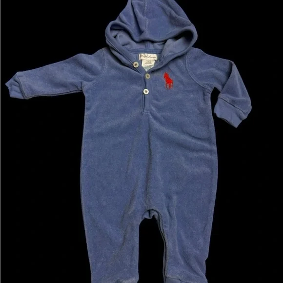 Ralph Lauren Blue Hooded Footie with Red Logo