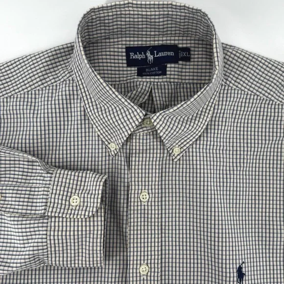 Ralph Lauren Blake‎ Mens XL Button Down Shirt Navy Blue White Check Cotton