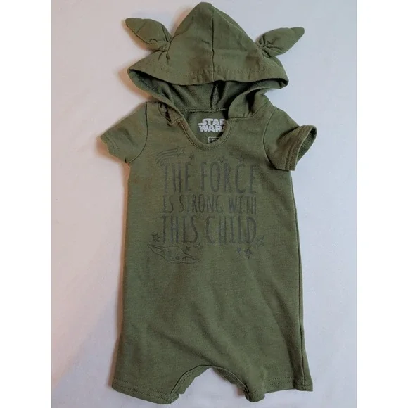 Star Wars Grogu Baby Yoda Hood Romper Olive Green 6M The Force Is Strong 3D Ears