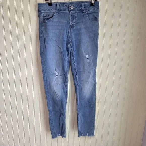 Justice Jeans Girls 14 Blue Mid Rise Super Skinny Distressed Raw Hem Denim
