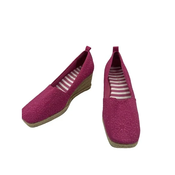 Liz Claiborne Kellie Wedge Espadrilles Women 8.5 Pink Good Floral Eyelet Jute