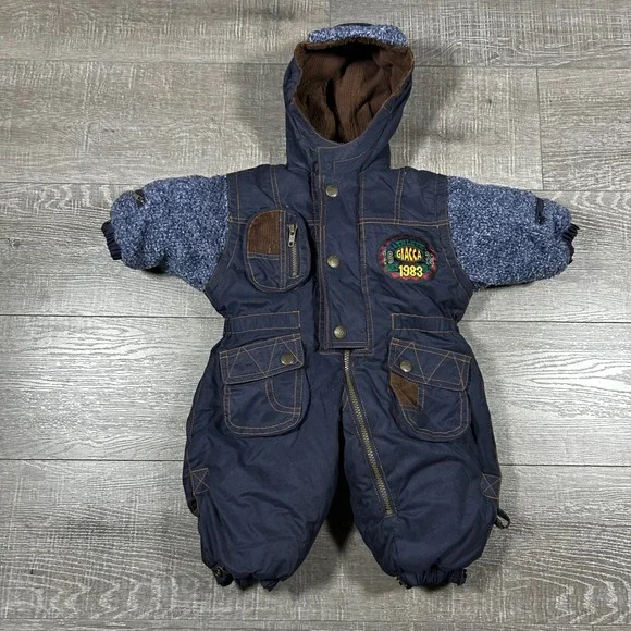 VTG Giacca Young Gallery Baby Snowsuit BuntingNavy Blue 12 Months Mittens Hooded