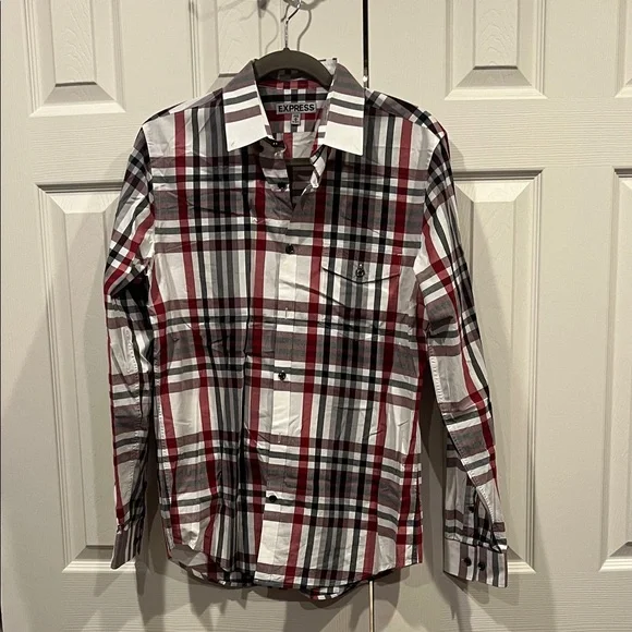Express Men's Casual Plaid Shirt - Red, Black, White