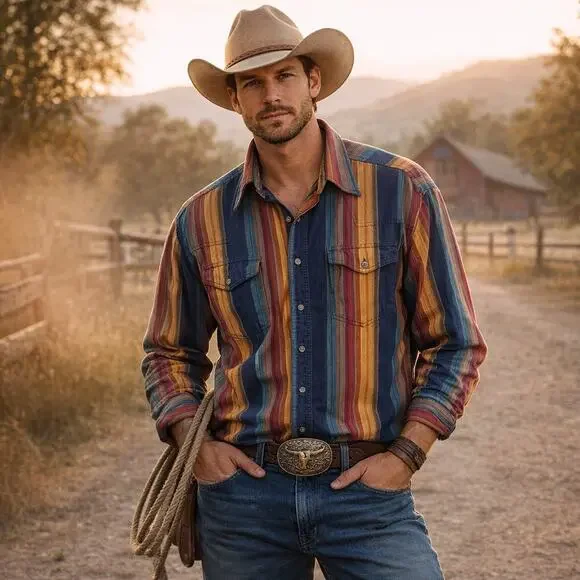 Vintage Wrangler Brushpopper Western Shirt Rainbow Stripe XL Tails 17.5x35