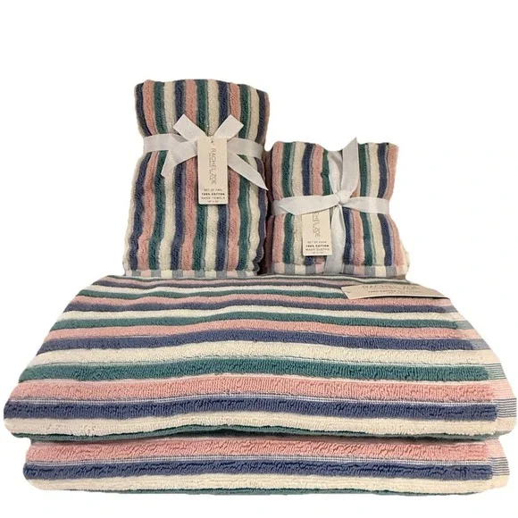 8pc Rachel Zoe Cotton Pink Teal Rainbow Striped Bath Hand Washcloth Towel Set