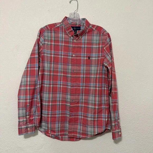 Ralph Lauren Shirt Boys Sz XL 18/20 Red Gray Plaid‎ Long Sleeve Button Up