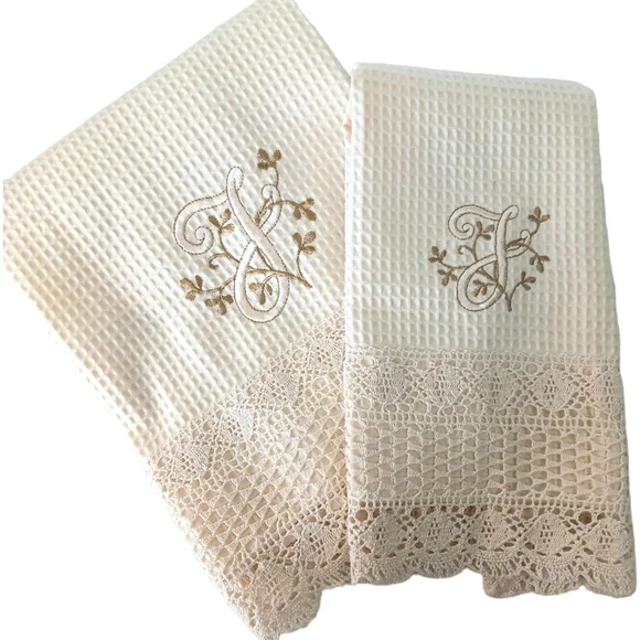 Towels Set of 2, Embroidered Letter J Crochet, Cotton, Made in Portugal