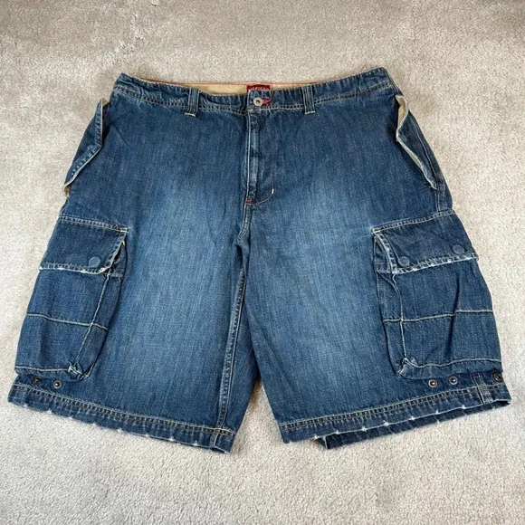 Vintage Y2K Tommy Hilfiger Cargo Shorts Mens 36 Blue Denim Label Baggy Utility