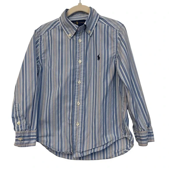 Ralph Lauren Boys Blue White Striped Button Down Shirt‎ 4 4T Long Sleeve Cotton
