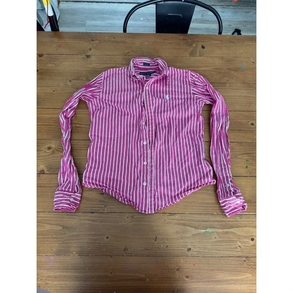 Ralph Lauren Kids Pink White Stripe Slim Fit Button Down Shirt Size 4