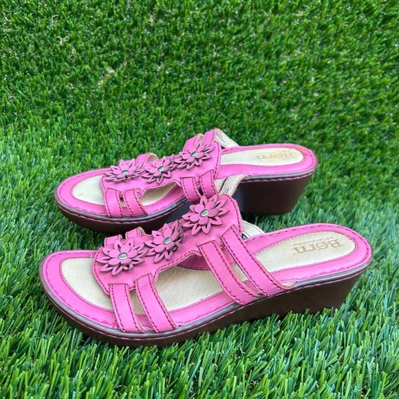 Born Pink Leather Floral Wedge Sandals Strappy Slide 7 38 W51892 CKL11