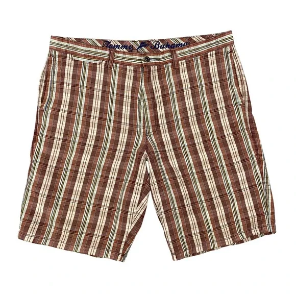 Tommy Bahama Plaid Shorts Mens 40 Brown Linen Silk Blend Flat‎ Front Check Golf