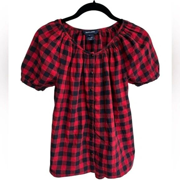 Polo Ralph Lauren Winter Peasant Top Blouse Size 12 Black Red Plaid Gingham