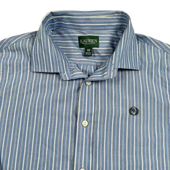Ralph Lauren Button Up Shirt Boys 18 Blue White Striped Crest Logo Long Sleeve