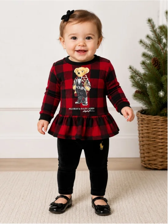 Ralph Lauren Baby Girl Polo Bear Peplum Top & Velour Leggings Set – Size 9M