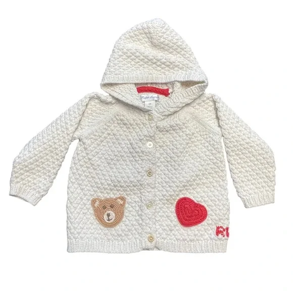 Ralph Lauren Baby Cream Quilted Knit Teddy Bear‎ Heart Hoodie Cardigan 12M