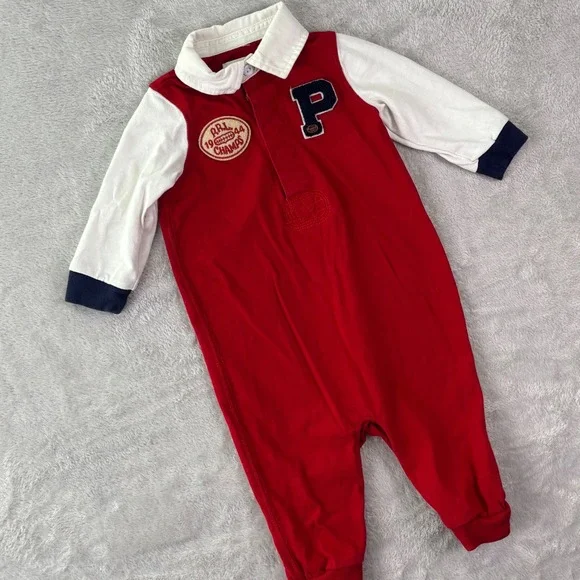 Ralph Lauren Baby One Piece Romper Sz 6M Red White Varsity Patch‎ Long Sleeve
