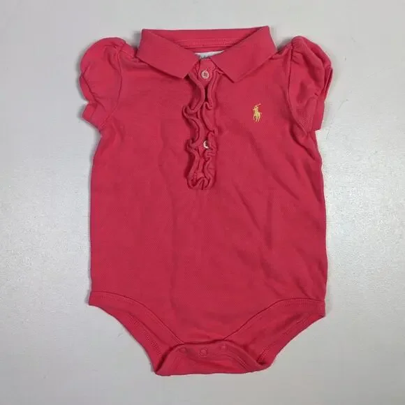 Ralph Lauren Onesie Baby Girls Sz 9m Salmon Pink Ruffle Polo Classic