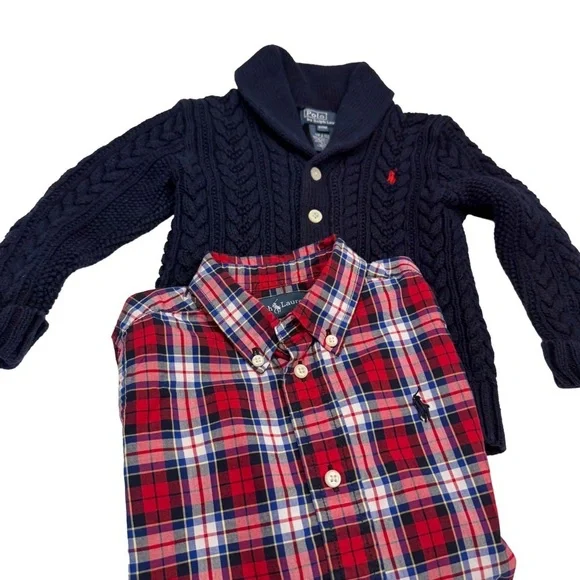 Ralph Lauren Boys Navy Cable Knit Cardigan & Plaid Shirt Sz 24 Mo